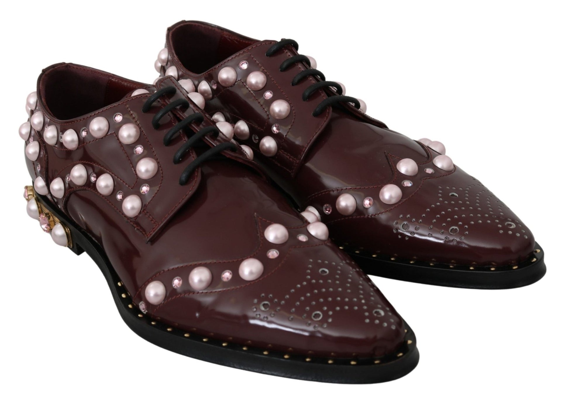 Dolce & Gabbana Bordeaux Leather Crystal Pearls Formal Shoes - SMARTMARTNZ