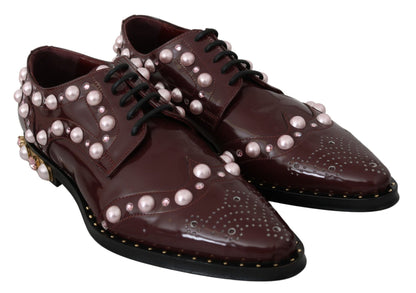 Dolce & Gabbana Bordeaux Leather Crystal Pearls Formal Shoes - SMARTMARTNZ