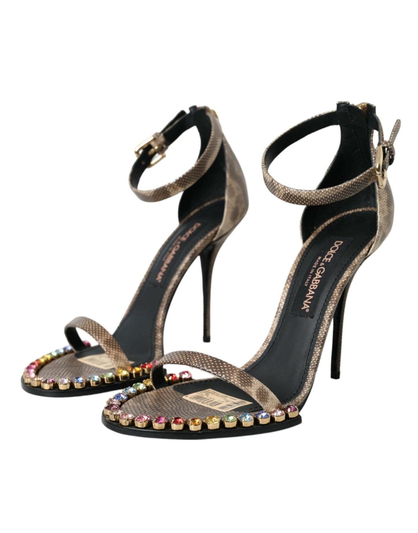Dolce & Gabbana Brown Exotic Leather Crystal Sandals Shoes - SMARTMARTNZ