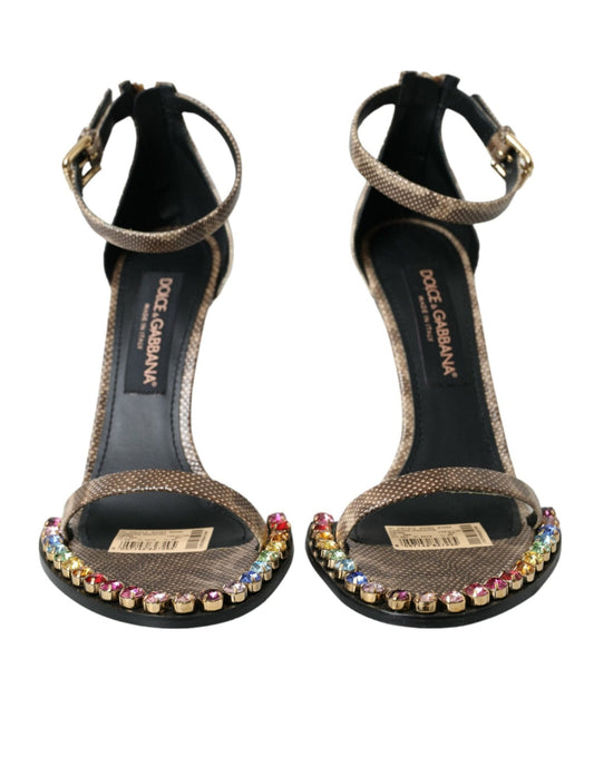 Dolce & Gabbana Brown Exotic Leather Crystal Sandals Shoes - SMARTMARTNZ