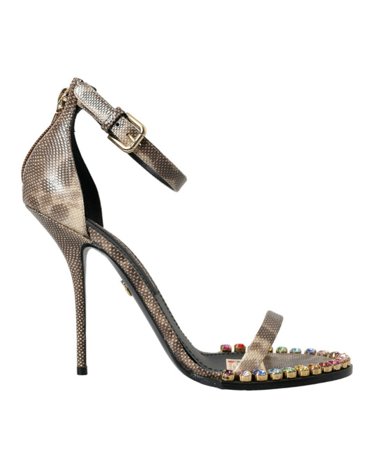 Dolce & Gabbana Brown Exotic Leather Crystal Sandals Shoes - SMARTMARTNZ