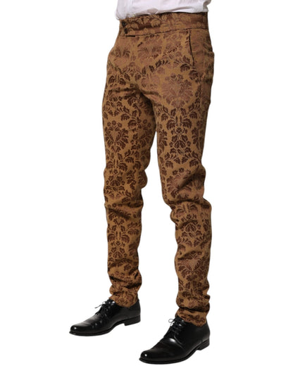 Dolce & Gabbana Brown Floral Jacquard Men Skinny Trouser Pants - SMARTMARTNZ