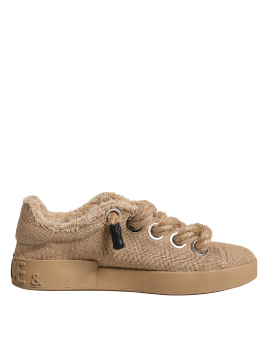 Dolce & Gabbana Brown Jute Fabric Low Top Men Sneakers Shoes - SMARTMARTNZ