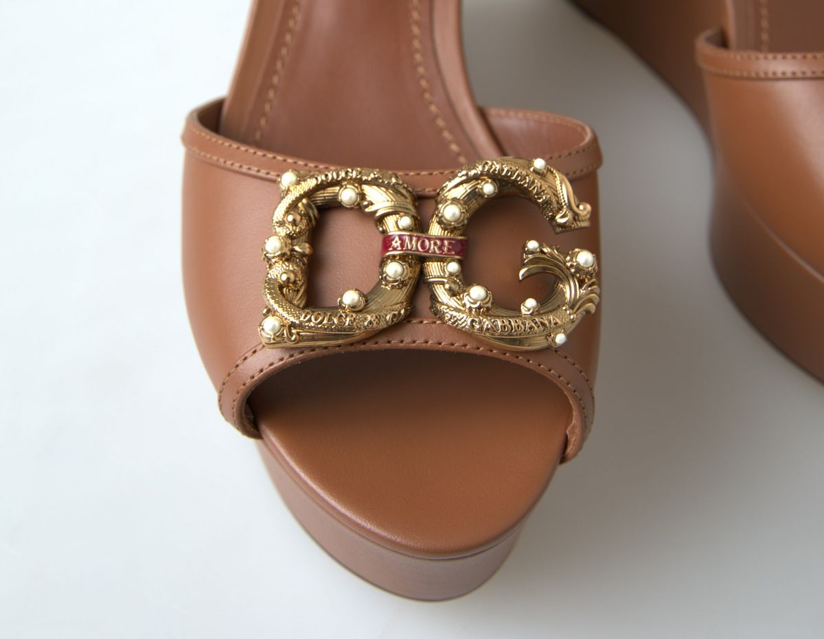 Dolce & Gabbana Brown Leather AMORE Wedges Sandals Shoes - SMARTMARTNZ