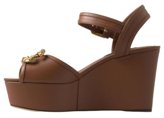 Dolce & Gabbana Brown Leather AMORE Wedges Sandals Shoes - SMARTMARTNZ