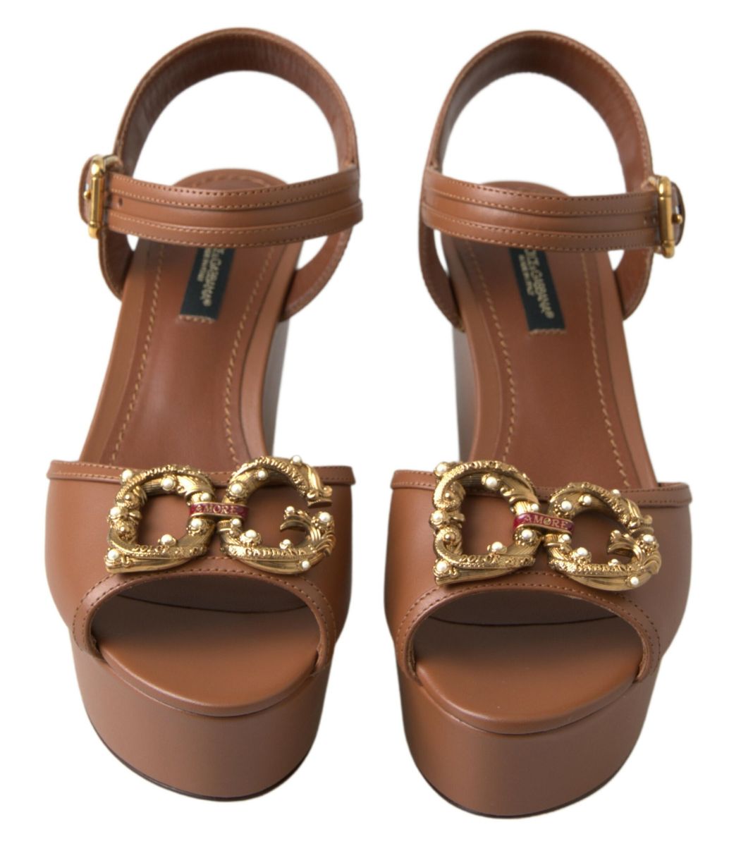 Dolce & Gabbana Brown Leather AMORE Wedges Sandals Shoes - SMARTMARTNZ