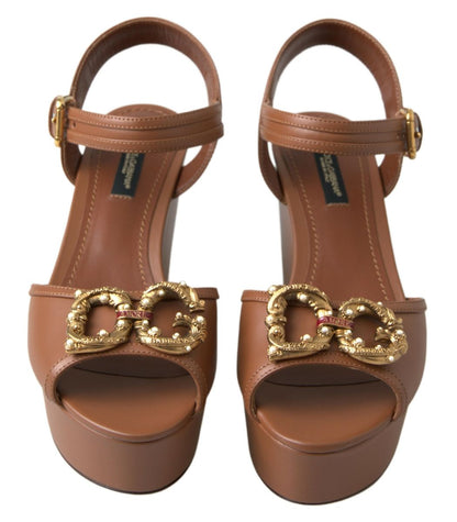 Dolce & Gabbana Brown Leather AMORE Wedges Sandals Shoes - SMARTMARTNZ