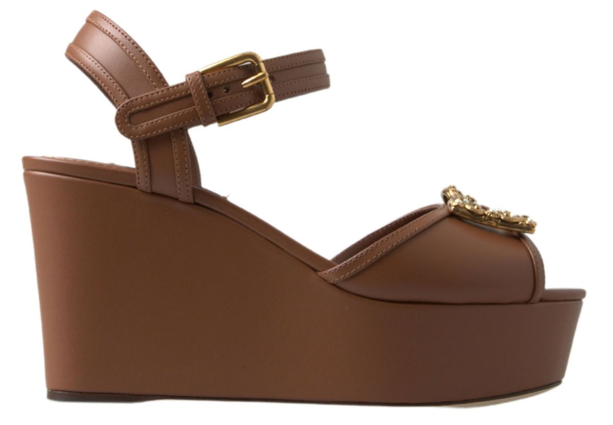 Dolce & Gabbana Brown Leather AMORE Wedges Sandals Shoes - SMARTMARTNZ