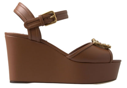 Dolce & Gabbana Brown Leather AMORE Wedges Sandals Shoes - SMARTMARTNZ