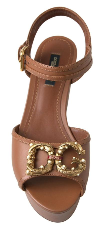 Dolce & Gabbana Brown Leather AMORE Wedges Sandals Shoes - SMARTMARTNZ