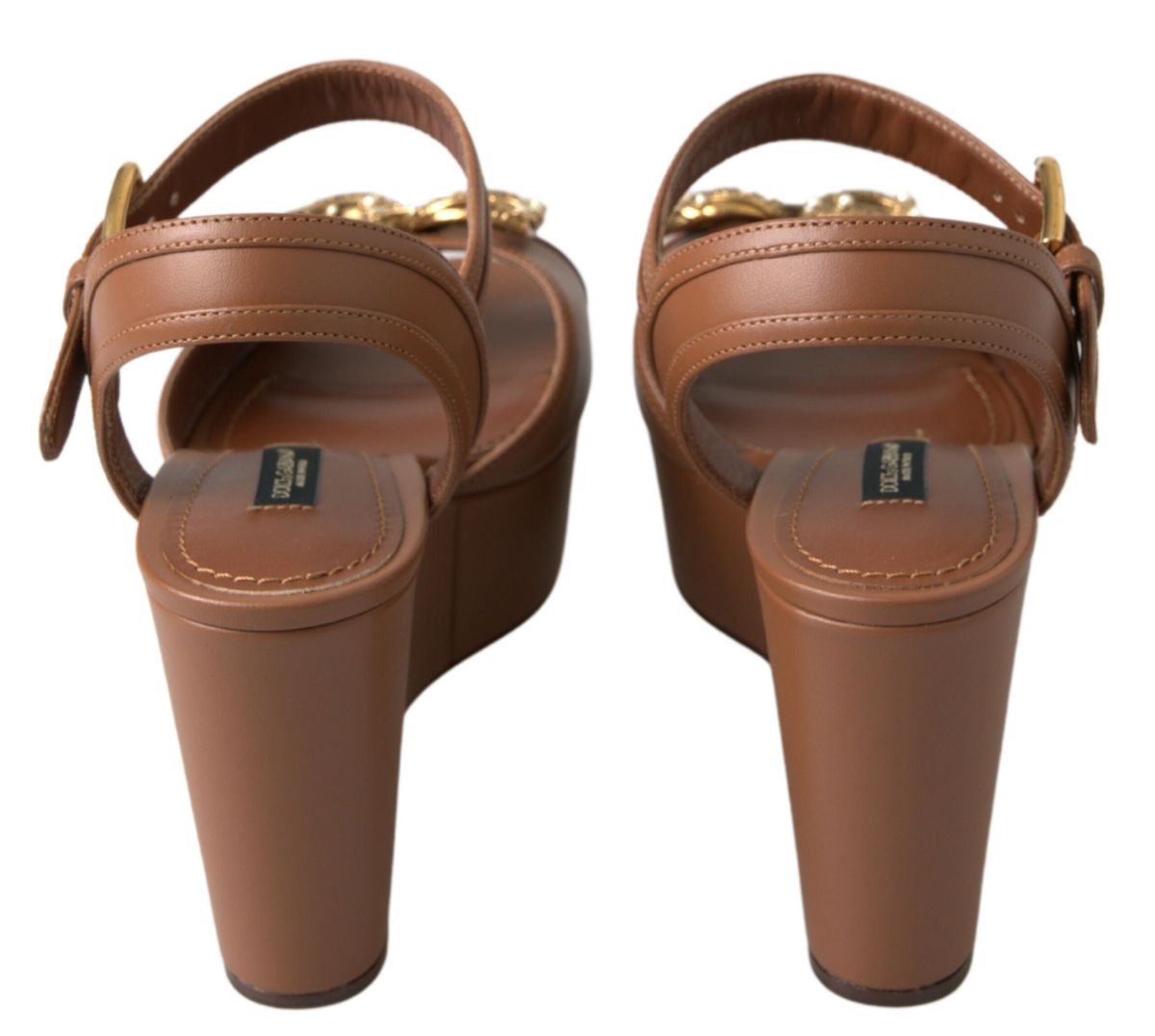 Dolce & Gabbana Brown Leather AMORE Wedges Sandals Shoes - SMARTMARTNZ