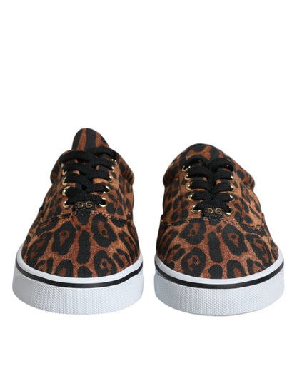 Dolce & Gabbana Brown Leopard Logo Print Cotton Sneakers Shoes - SMARTMARTNZ