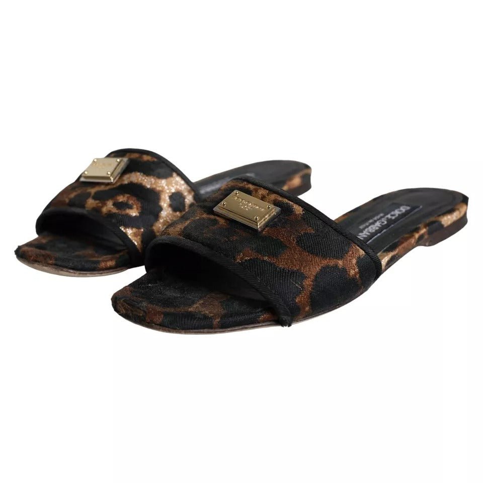 Dolce & Gabbana Brown Leopard Logo Slides Flats Sandals Shoes - SMARTMARTNZ