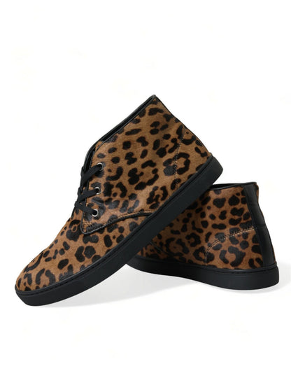 Dolce & Gabbana Brown Leopard Pony Hair Leather Sneakers Shoes - SMARTMARTNZ