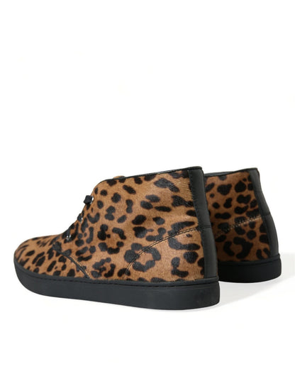 Dolce & Gabbana Brown Leopard Pony Hair Leather Sneakers Shoes - SMARTMARTNZ