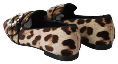 Dolce & Gabbana Brown Leopard Print Crystals Loafers Flats Shoes - SMARTMARTNZ