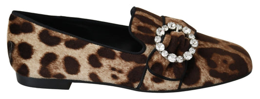 Dolce & Gabbana Brown Leopard Print Crystals Loafers Flats Shoes - SMARTMARTNZ