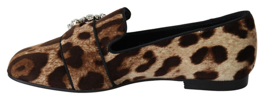 Dolce & Gabbana Brown Leopard Print Crystals Loafers Flats Shoes - SMARTMARTNZ