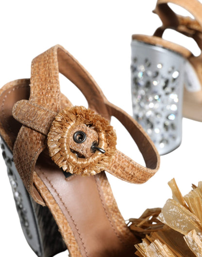 Dolce & Gabbana Brown Raffia Ankle Strap Crystal Sandals Shoes - SMARTMARTNZ