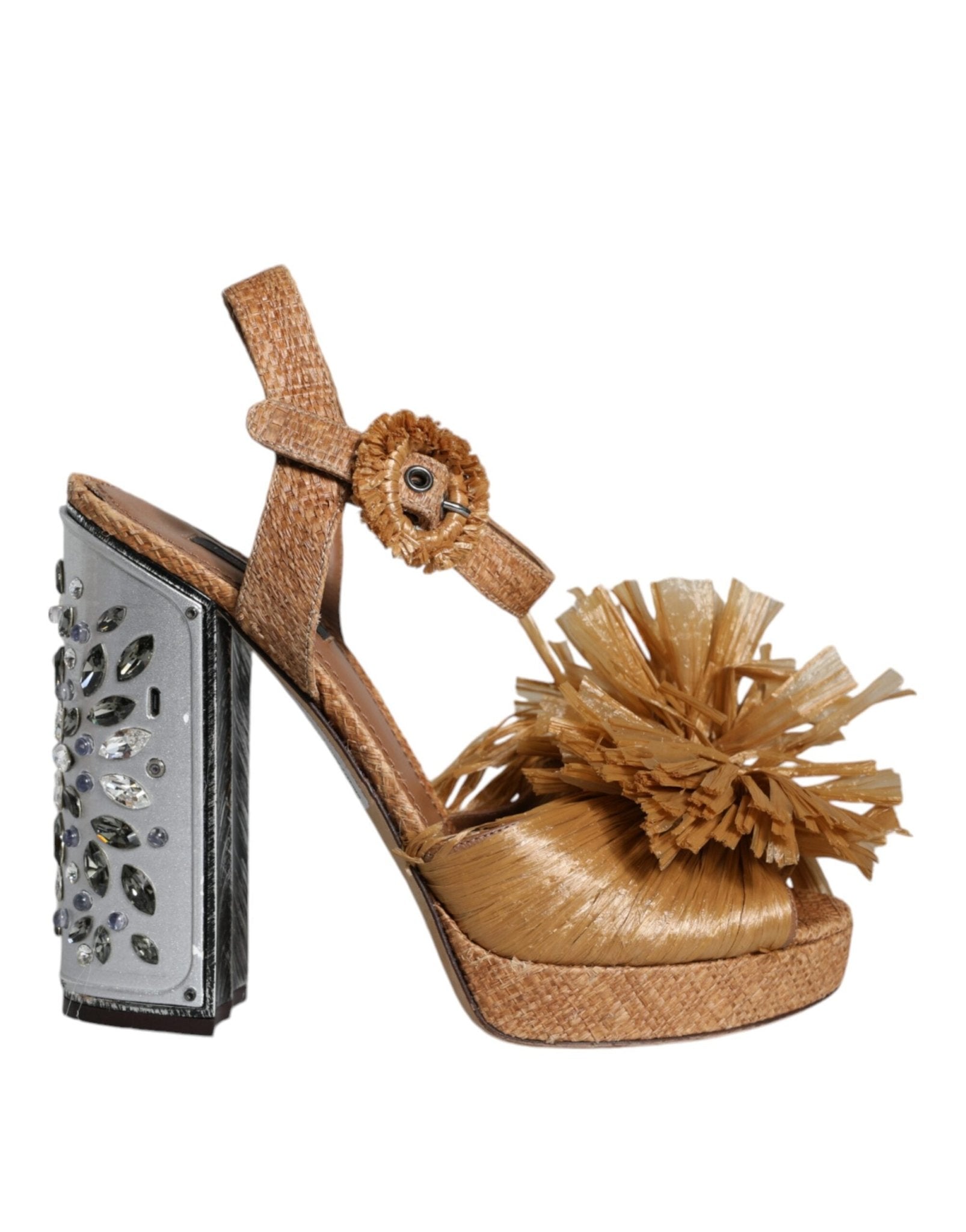 Dolce & Gabbana Brown Raffia Ankle Strap Crystal Sandals Shoes - SMARTMARTNZ