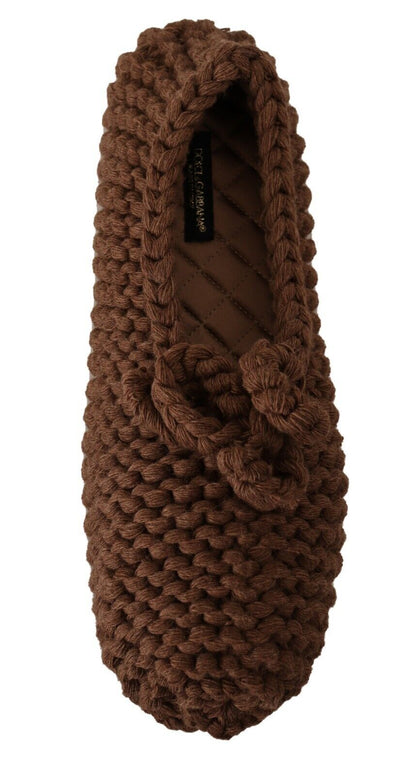 Dolce & Gabbana Brown Slip On Ballerina Flats Wool Knit Shoes - SMARTMARTNZ