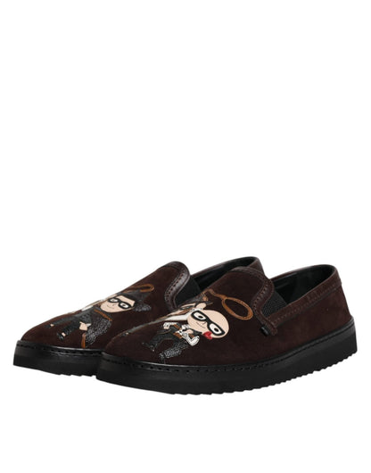 Dolce & Gabbana Brown Suede DG Family Slip On Flats Shoes - SMARTMARTNZ