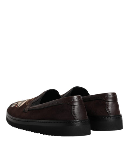 Dolce & Gabbana Brown Suede DG Family Slip On Flats Shoes - SMARTMARTNZ