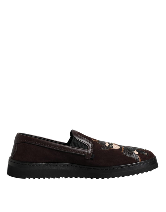 Dolce & Gabbana Brown Suede DG Family Slip On Flats Shoes - SMARTMARTNZ