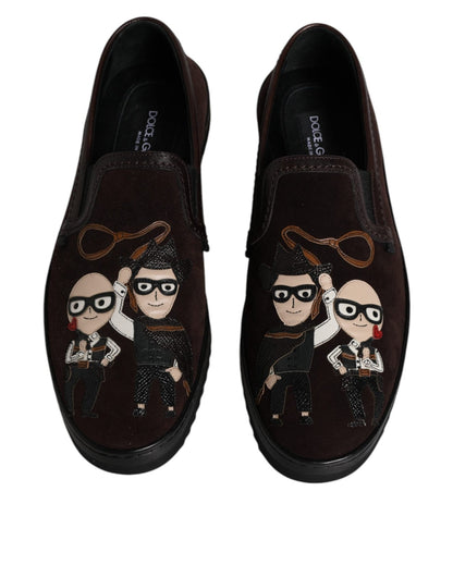 Dolce & Gabbana Brown Suede DG Family Slip On Flats Shoes - SMARTMARTNZ