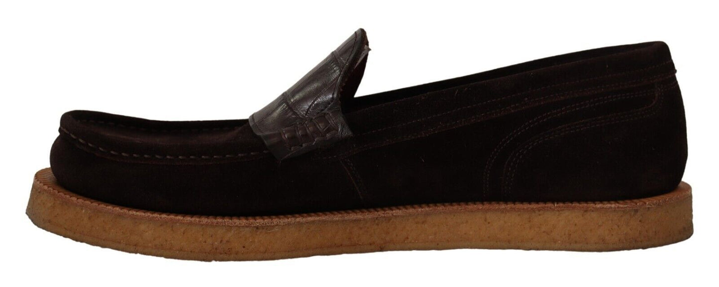 Dolce & Gabbana Brown Suede Leather Slip On Flats Moccasin Shoes - SMARTMARTNZ
