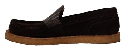 Dolce & Gabbana Brown Suede Leather Slip On Flats Moccasin Shoes - SMARTMARTNZ