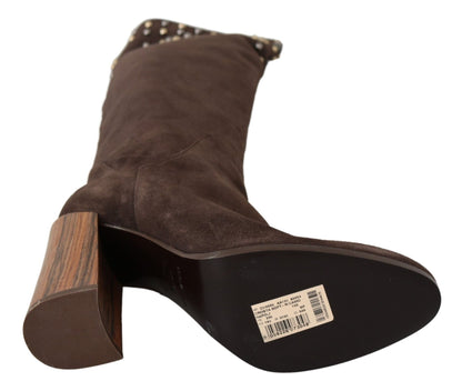 Dolce & Gabbana Brown Suede Studded Knee High Shoes Boots - SMARTMARTNZ
