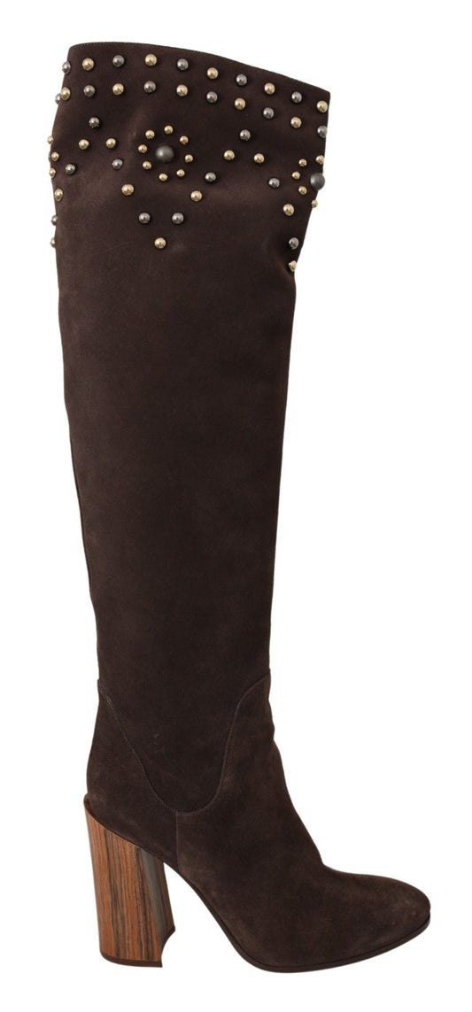 Dolce & Gabbana Brown Suede Studded Knee High Shoes Boots - SMARTMARTNZ