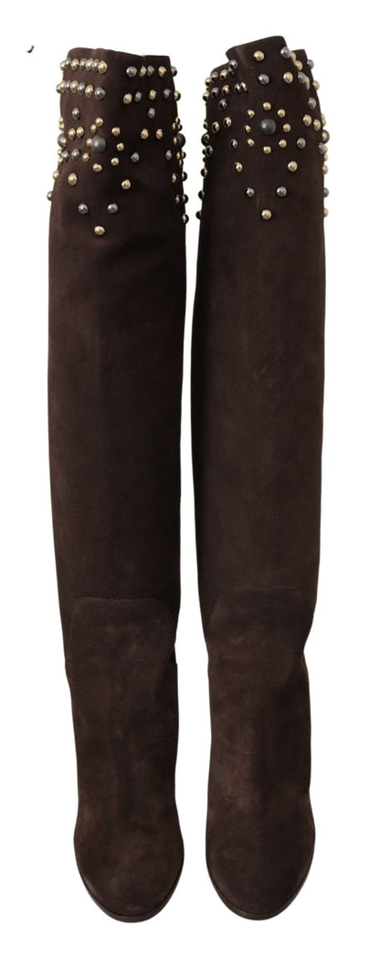 Dolce & Gabbana Brown Suede Studded Knee High Shoes Boots - SMARTMARTNZ
