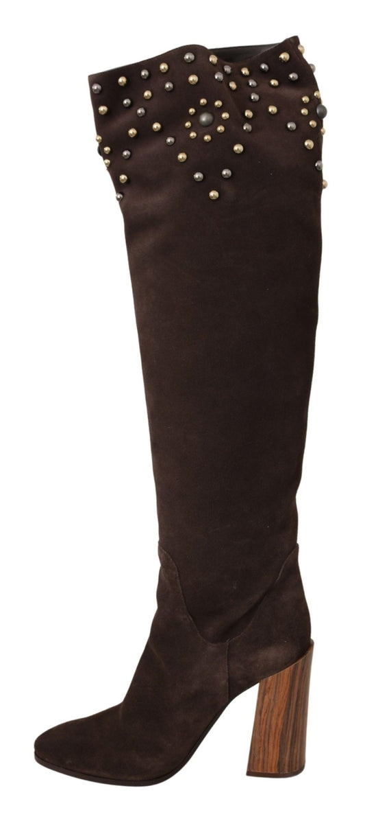 Dolce & Gabbana Brown Suede Studded Knee High Shoes Boots - SMARTMARTNZ