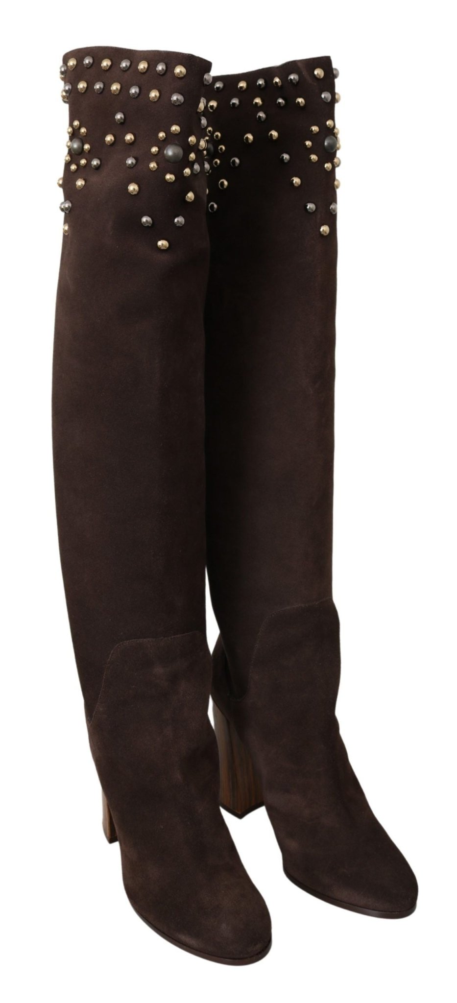 Dolce & Gabbana Brown Suede Studded Knee High Shoes Boots - SMARTMARTNZ