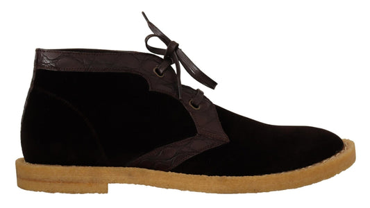 Dolce & Gabbana Brown Velvet Exotic Leather Boots - SMARTMARTNZ