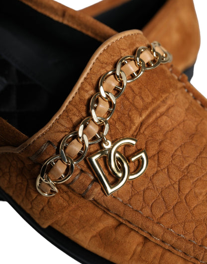 Dolce & Gabbana Brown Velvet Leather Logo Mocassin Slip On Shoes - SMARTMARTNZ