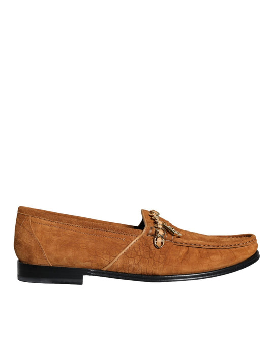 Dolce & Gabbana Brown Velvet Leather Logo Mocassin Slip On Shoes - SMARTMARTNZ