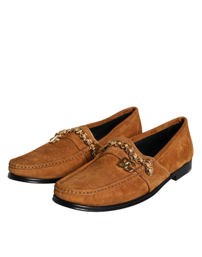 Dolce & Gabbana Brown Velvet Leather Logo Mocassin Slip On Shoes - SMARTMARTNZ