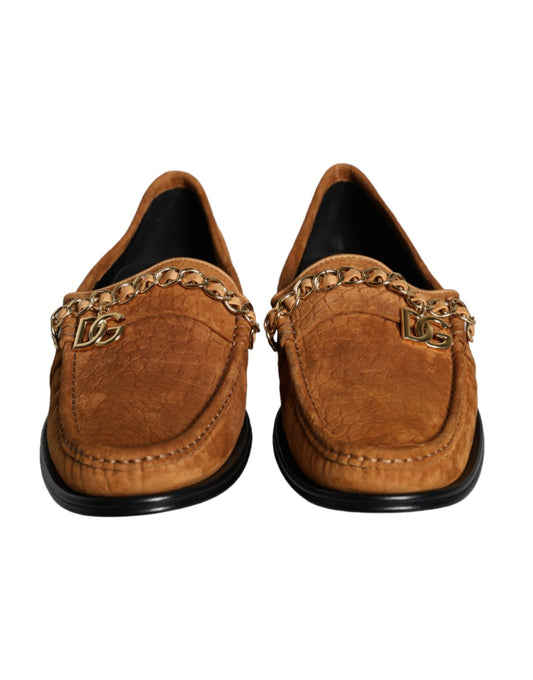 Dolce & Gabbana Brown Velvet Leather Logo Mocassin Slip On Shoes - SMARTMARTNZ