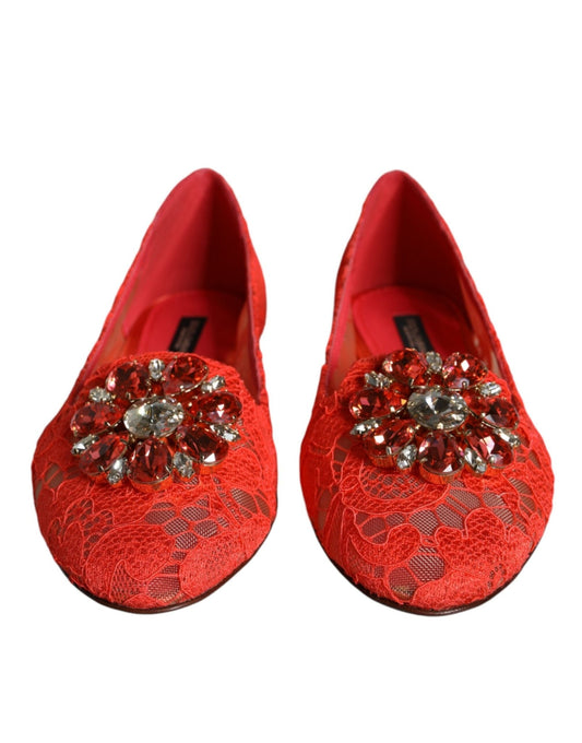 Dolce & Gabbana Coral Lace Crystal Ballet Flats Loafers Shoes - SMARTMARTNZ