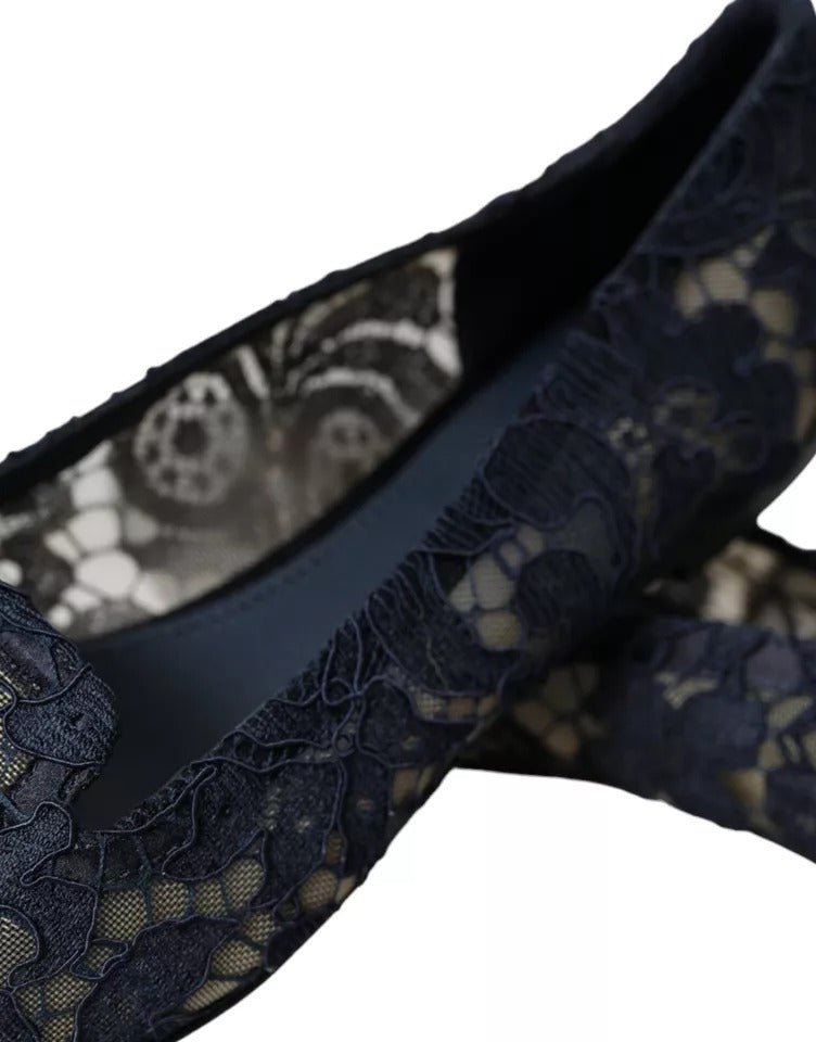 Dolce & Gabbana Dark Blue Taormina Lace Slip On Flats Shoes - SMARTMARTNZ