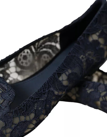 Dolce & Gabbana Dark Blue Taormina Lace Slip On Flats Shoes - SMARTMARTNZ