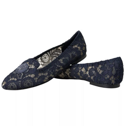 Dolce & Gabbana Dark Blue Taormina Lace Slip On Flats Shoes - SMARTMARTNZ