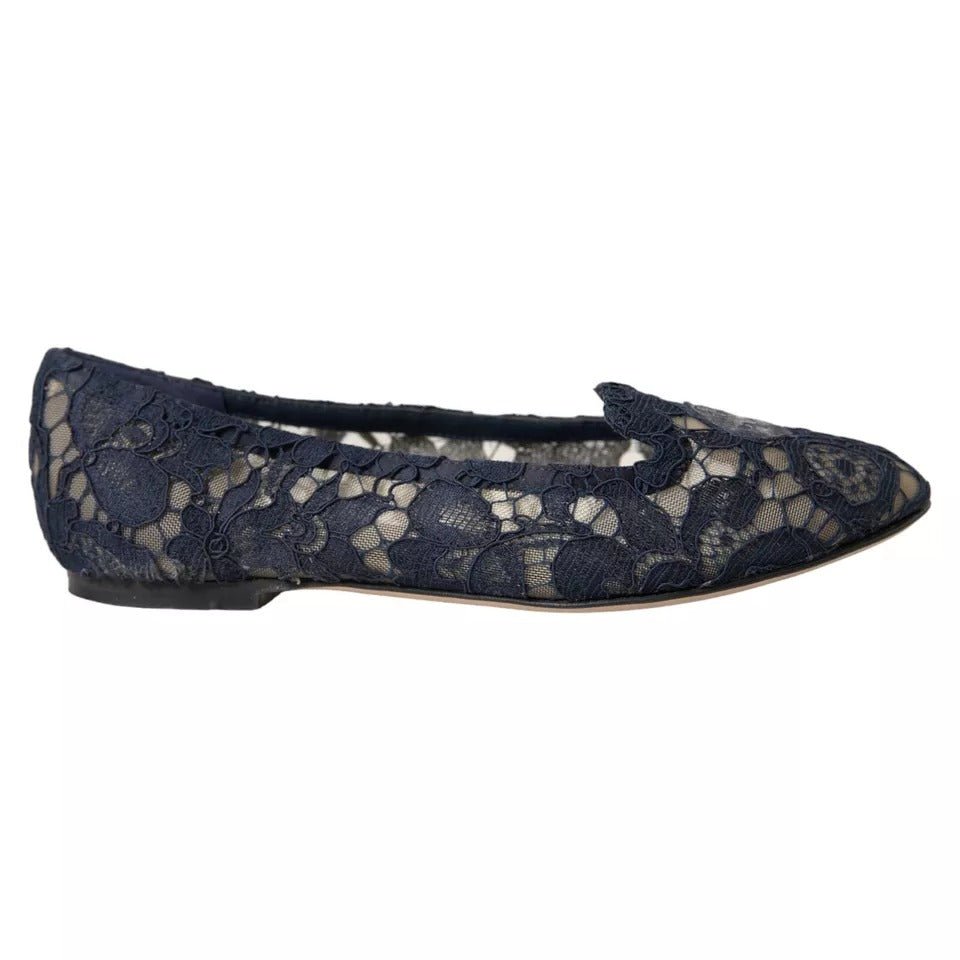 Dolce & Gabbana Dark Blue Taormina Lace Slip On Flats Shoes - SMARTMARTNZ