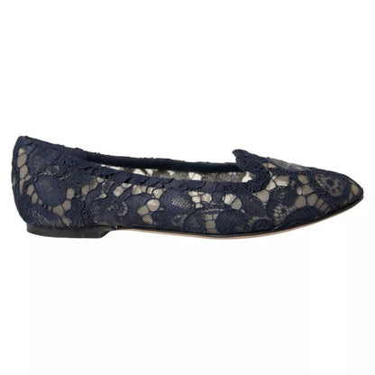 Dolce & Gabbana Dark Blue Taormina Lace Slip On Flats Shoes - SMARTMARTNZ