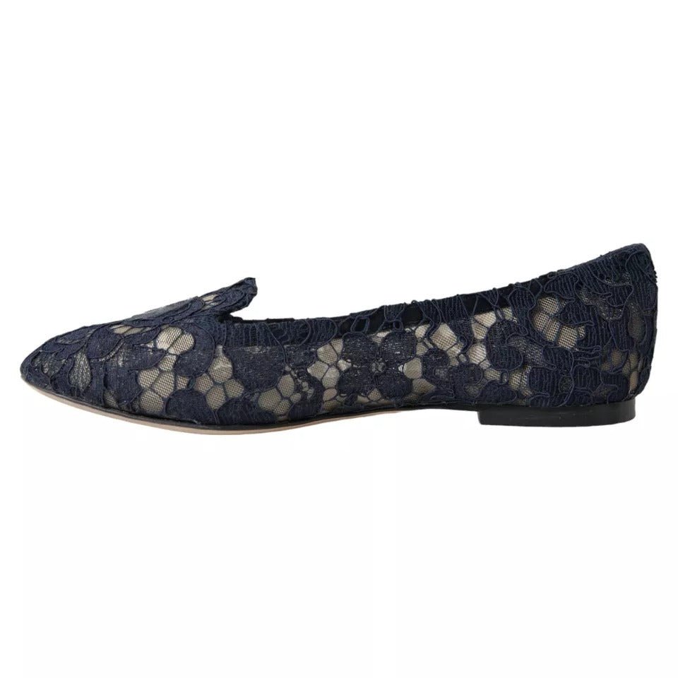 Dolce & Gabbana Dark Blue Taormina Lace Slip On Flats Shoes - SMARTMARTNZ