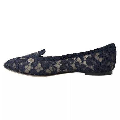 Dolce & Gabbana Dark Blue Taormina Lace Slip On Flats Shoes - SMARTMARTNZ