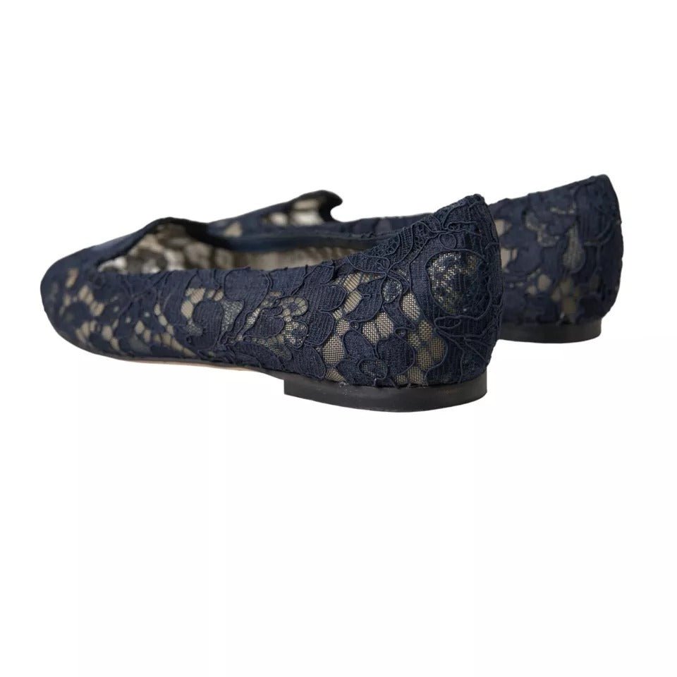 Dolce & Gabbana Dark Blue Taormina Lace Slip On Flats Shoes - SMARTMARTNZ